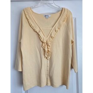 Coldwater Creek Butter Yellow Ruffle V-Neck 3/4 Sleeve Knit Top Size L‎ Cottage
